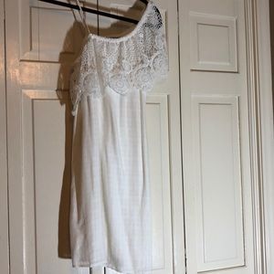 Blue Rain Off the Shoulder Flounce Dress Linen Look without the wrinkles SZ M R2